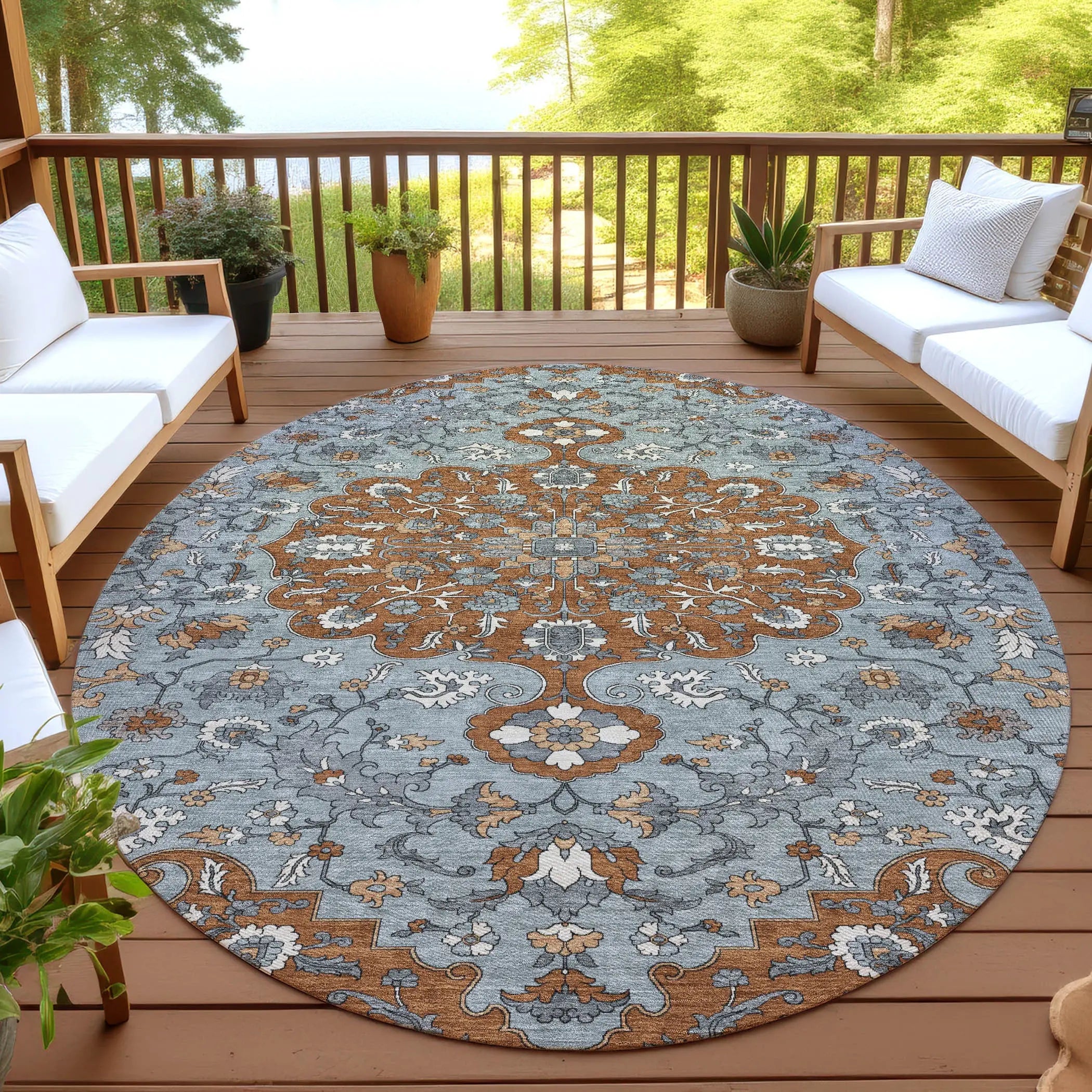8' Orange And Gray Round Floral Medallion Washable Indoor Outdoor Area Rug Homeroots Outdoor