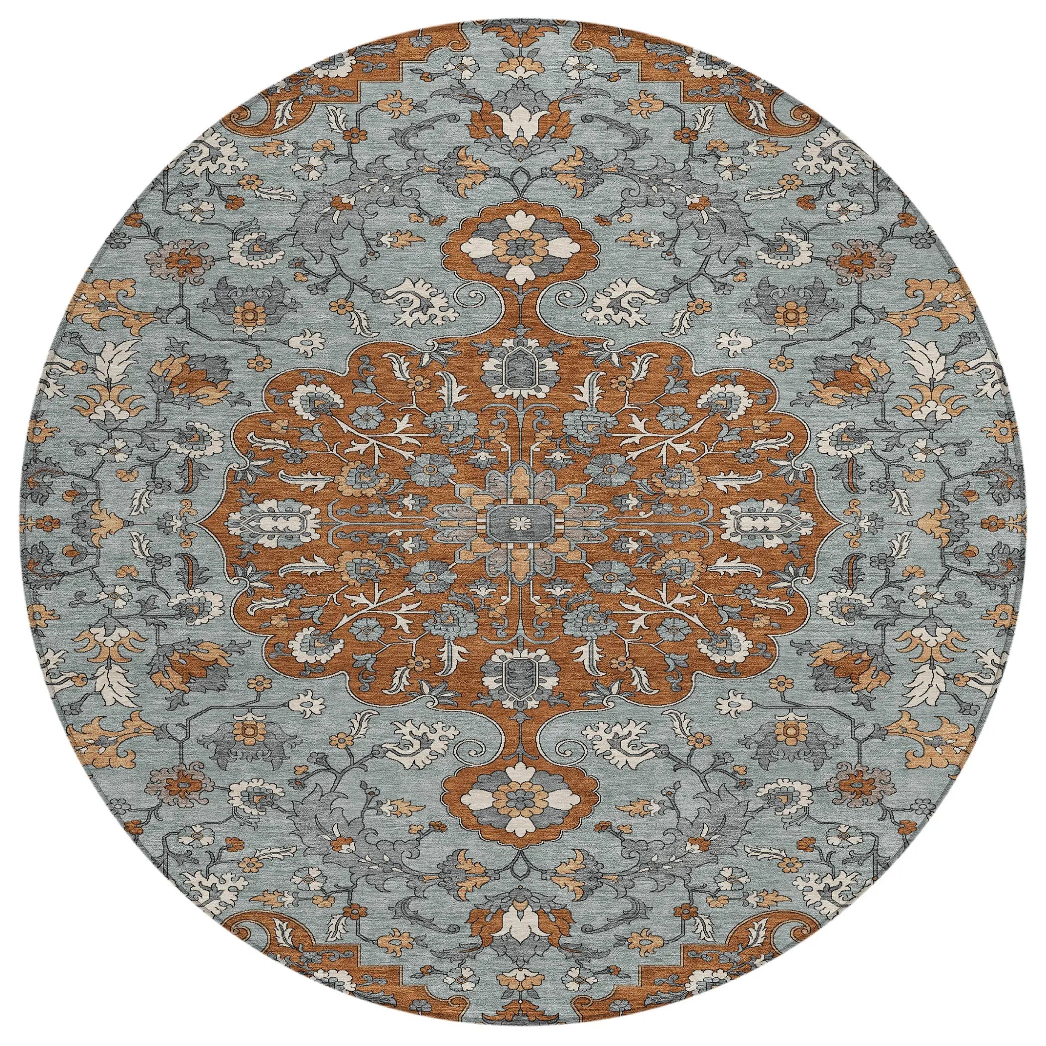8' Orange And Gray Round Floral Medallion Washable Indoor Outdoor Area Rug Homeroots Outdoor