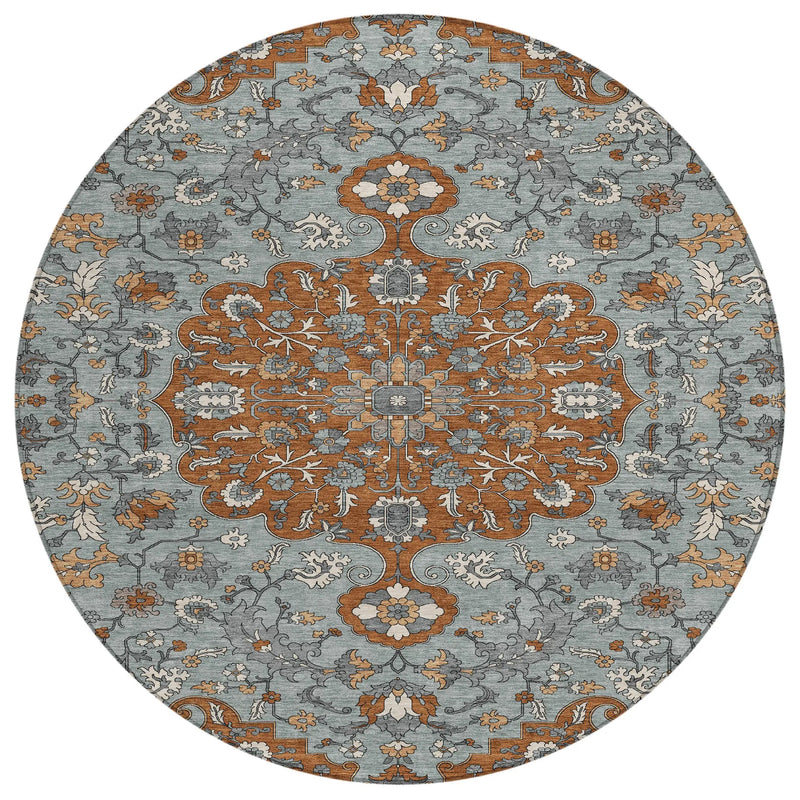 8' Orange And Gray Round Floral Medallion Washable Indoor Outdoor Area Rug Homeroots Outdoor