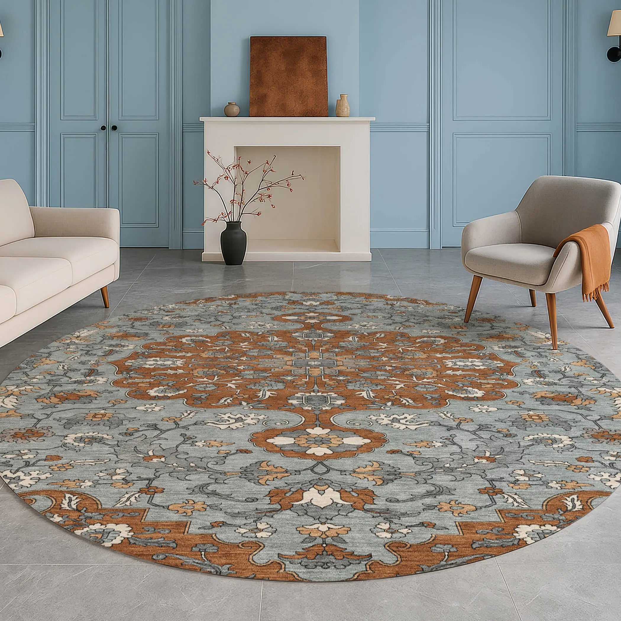 8' Orange And Gray Round Floral Medallion Washable Indoor Outdoor Area Rug Homeroots Outdoor