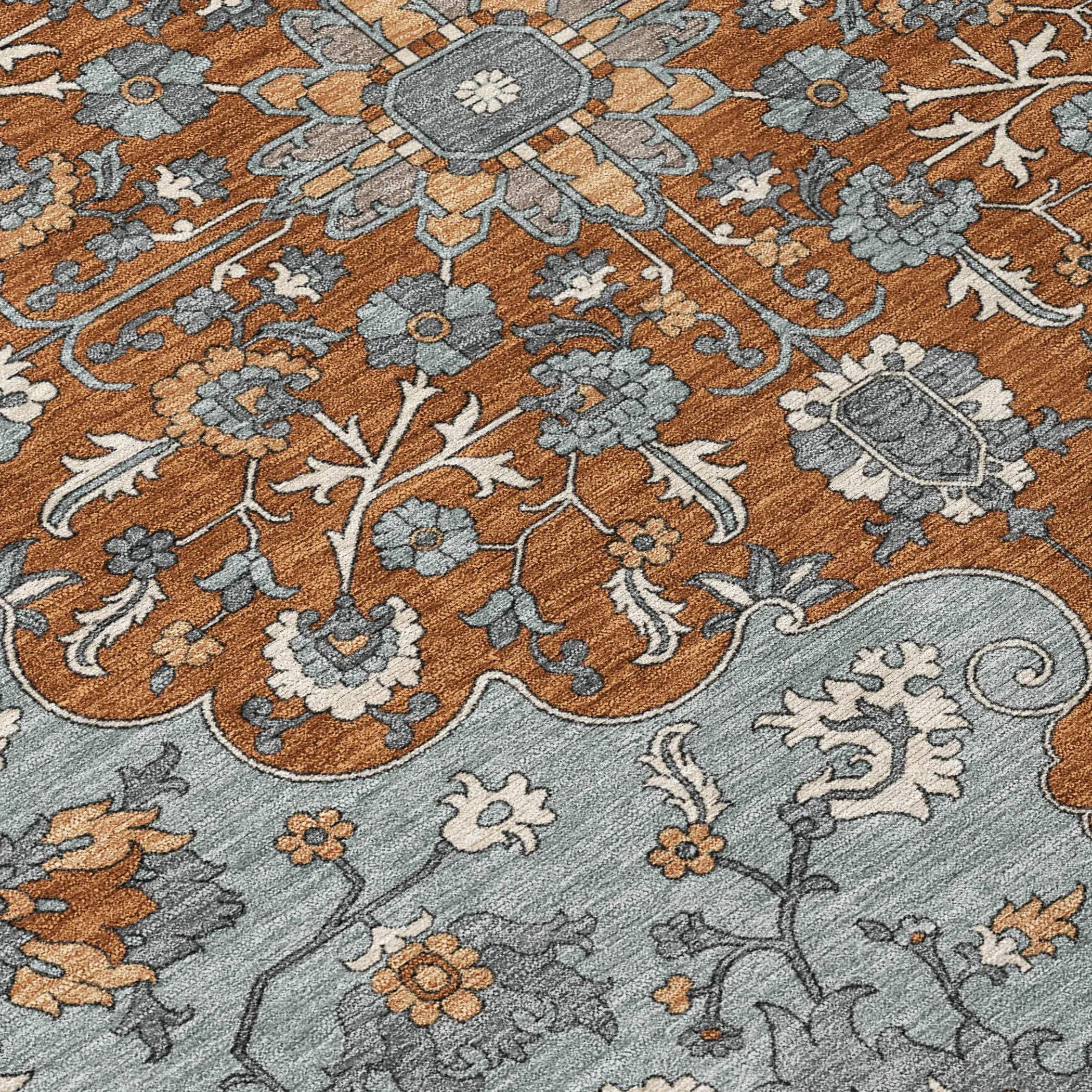 8' Orange And Gray Round Floral Medallion Washable Indoor Outdoor Area Rug Homeroots Outdoor