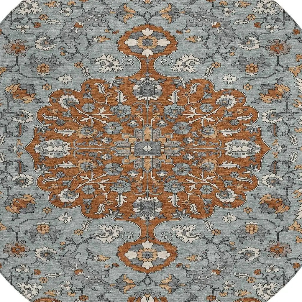 8' Orange And Gray Round Floral Medallion Washable Indoor Outdoor Area Rug Homeroots Outdoor