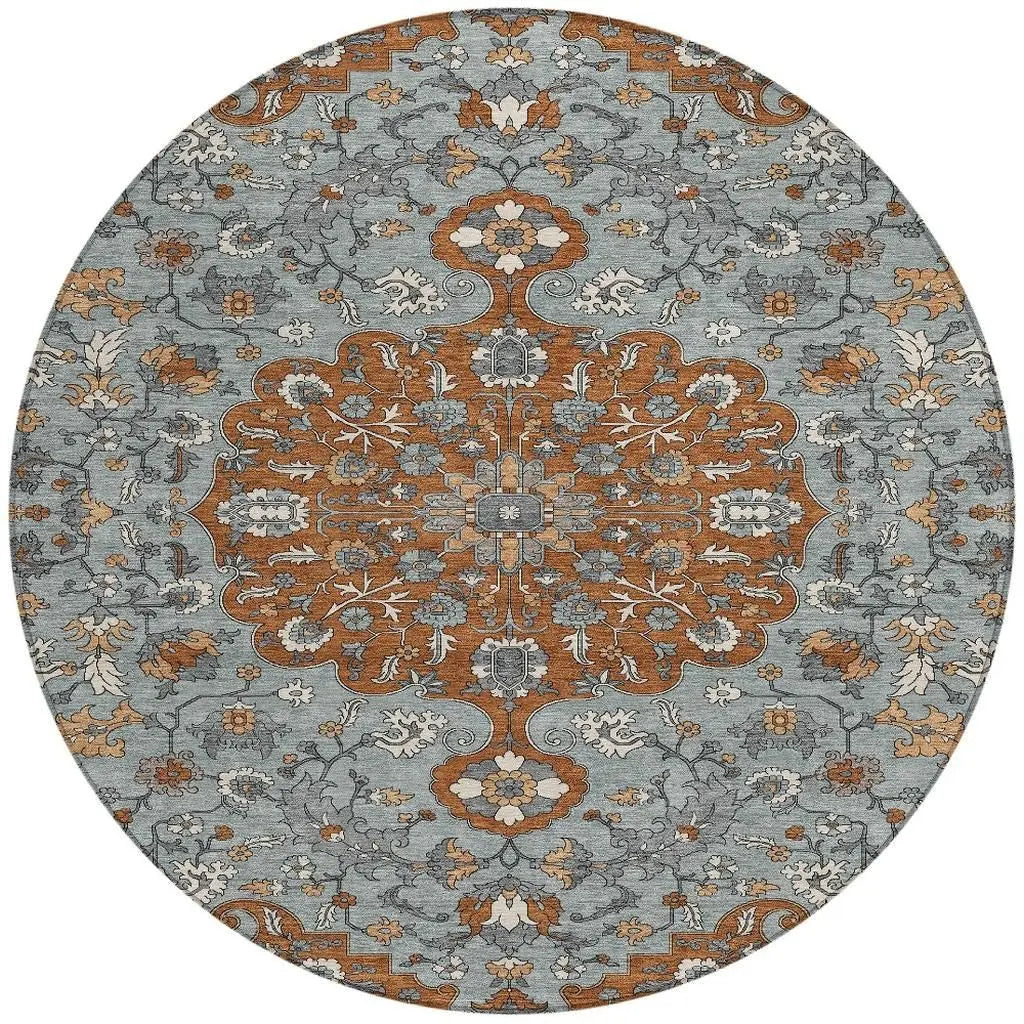 8' Orange And Gray Round Floral Medallion Washable Indoor Outdoor Area Rug Homeroots Outdoor