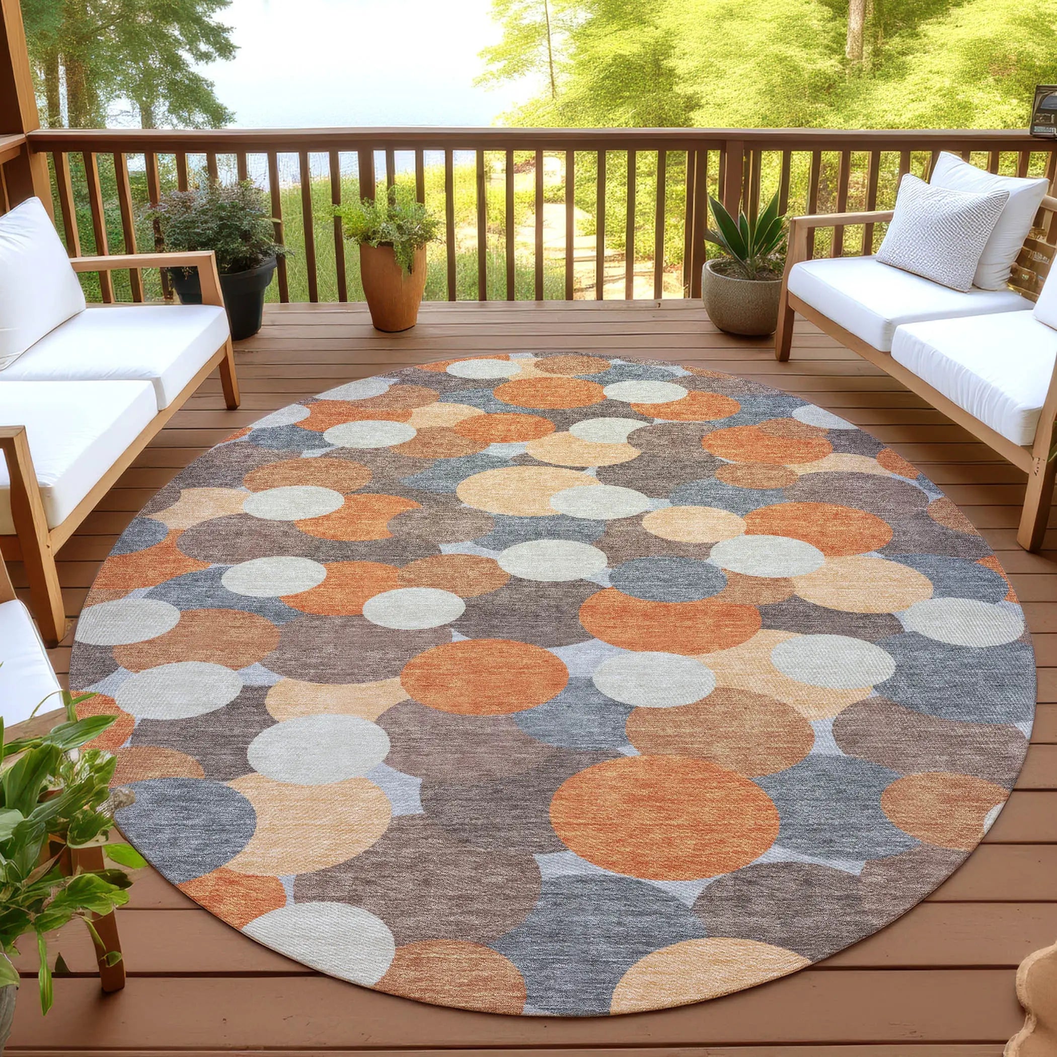 8' Orange And Gray Round Geometric Washable Indoor Outdoor Area Rug Homeroots Outdoor