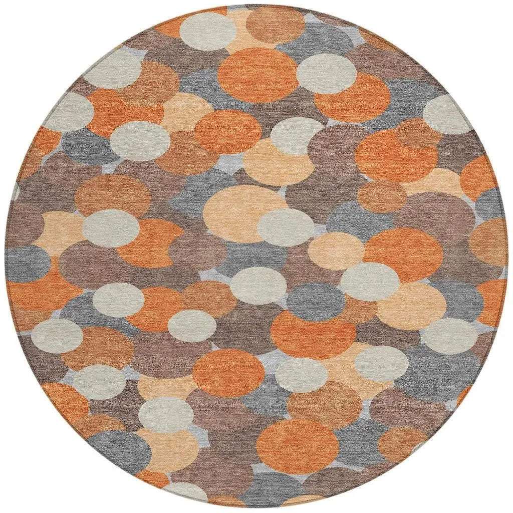 8' Orange And Gray Round Geometric Washable Indoor Outdoor Area Rug Homeroots Outdoor