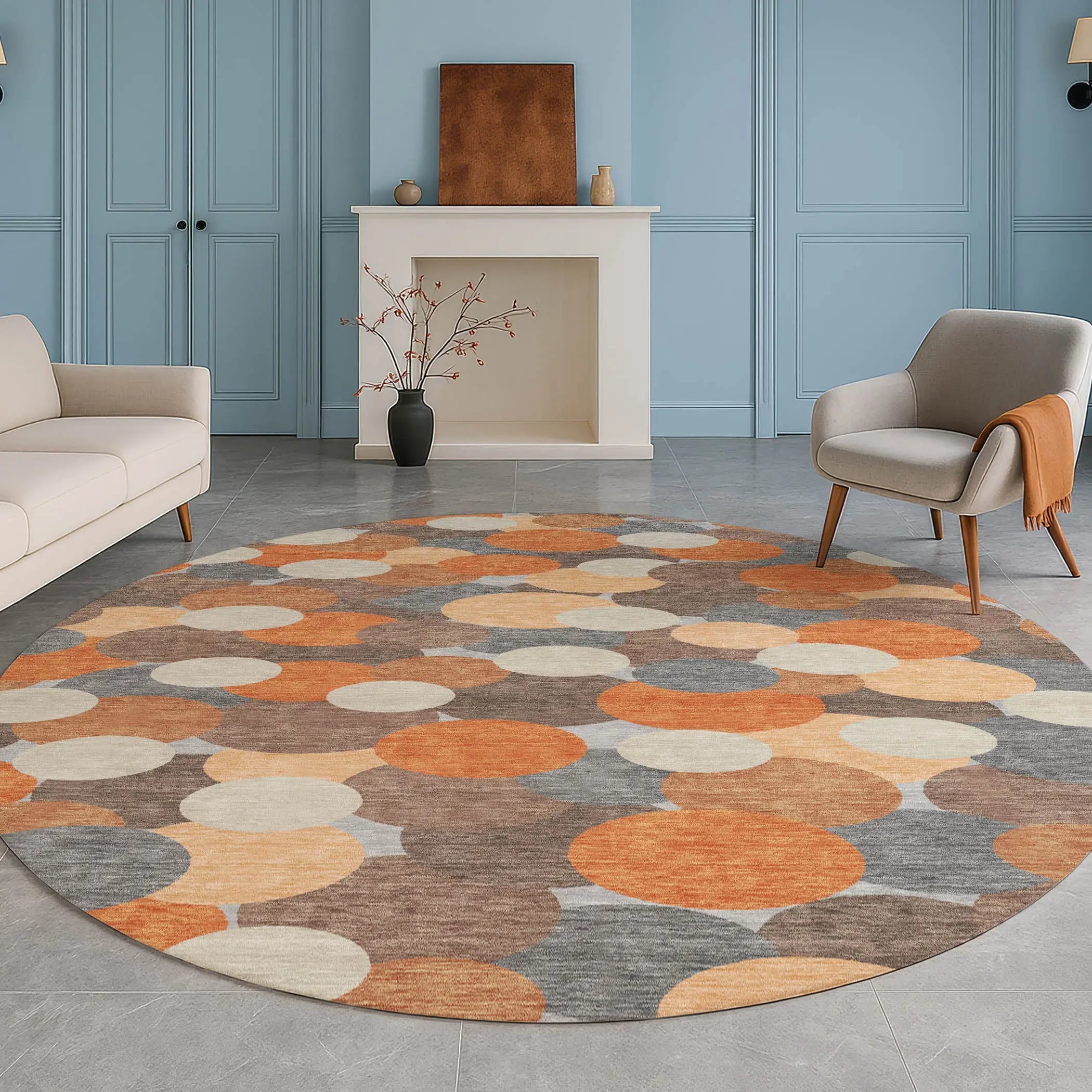 8' Orange And Gray Round Geometric Washable Indoor Outdoor Area Rug Homeroots Outdoor