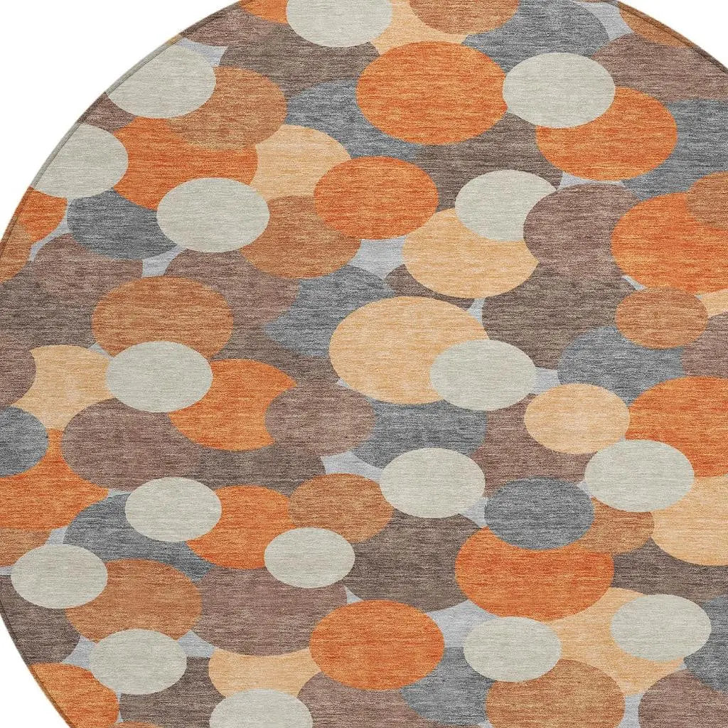 8' Orange And Gray Round Geometric Washable Indoor Outdoor Area Rug Homeroots Outdoor
