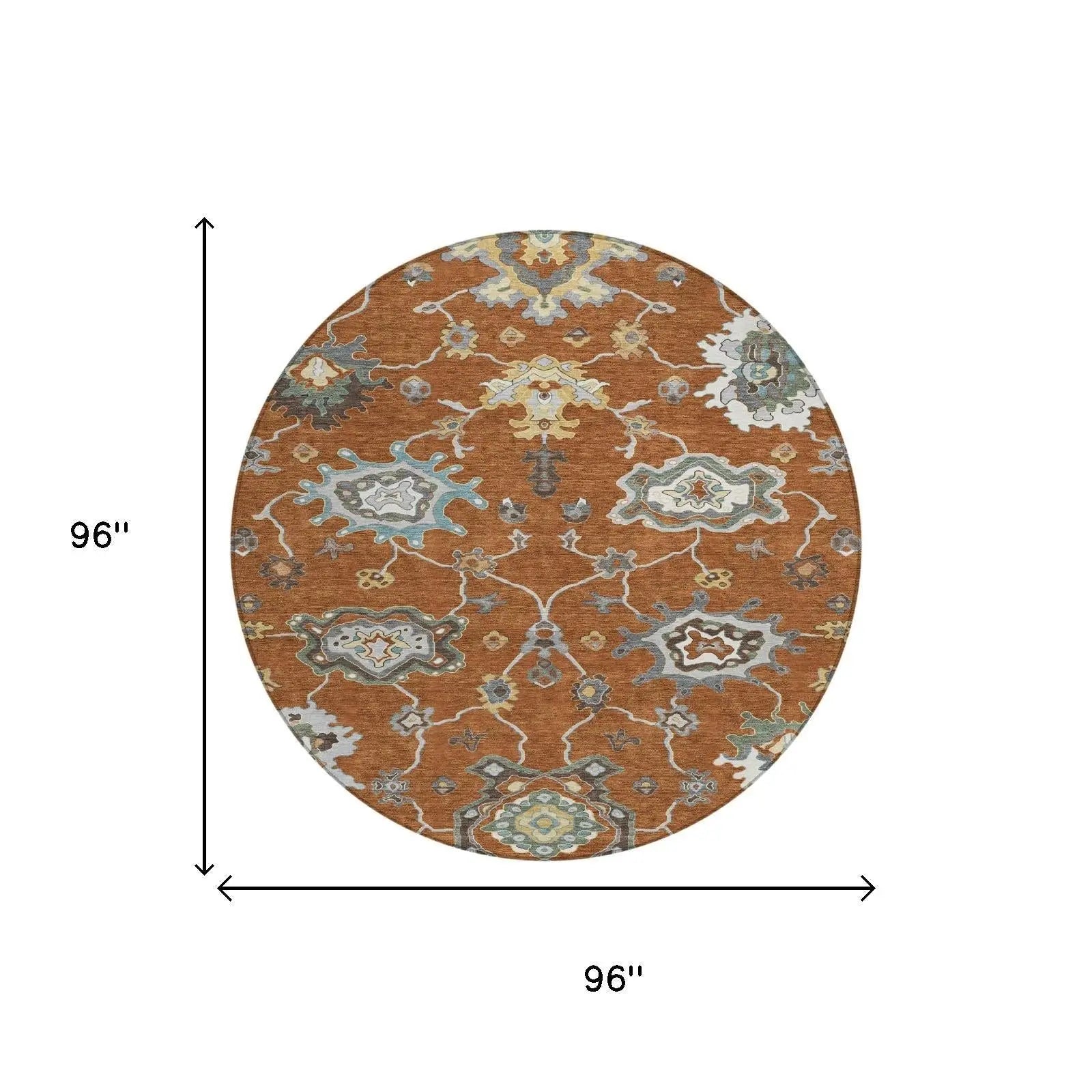 8' Orange And Gray Round Oriental Washable Indoor Outdoor Area Rug Homeroots Outdoor