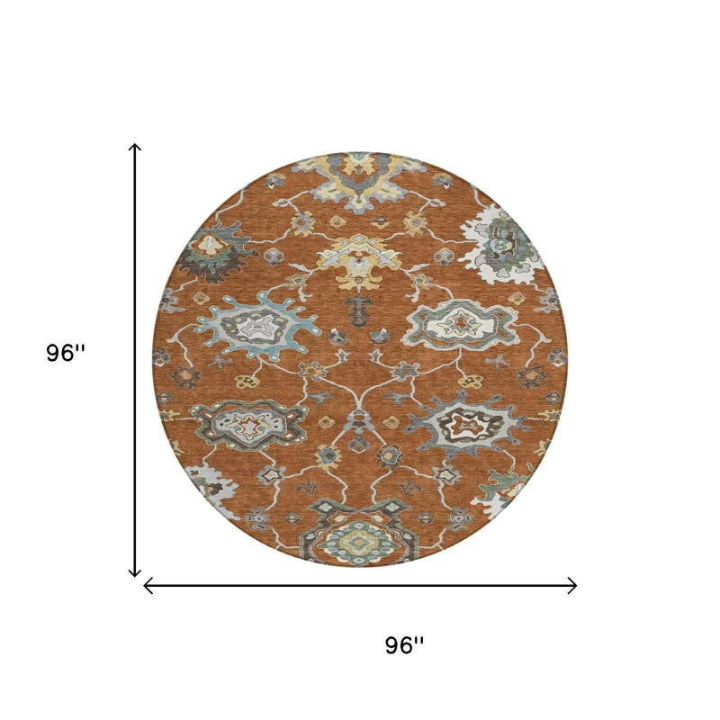 8' Orange And Gray Round Oriental Washable Indoor Outdoor Area Rug Homeroots Outdoor