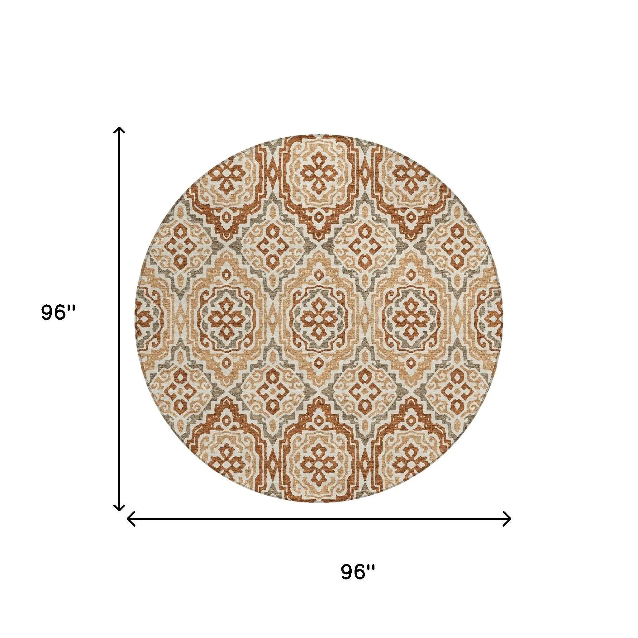 8' Orange And Gray Round Tribal Washable Indoor Outdoor Area Rug Homeroots Outdoor