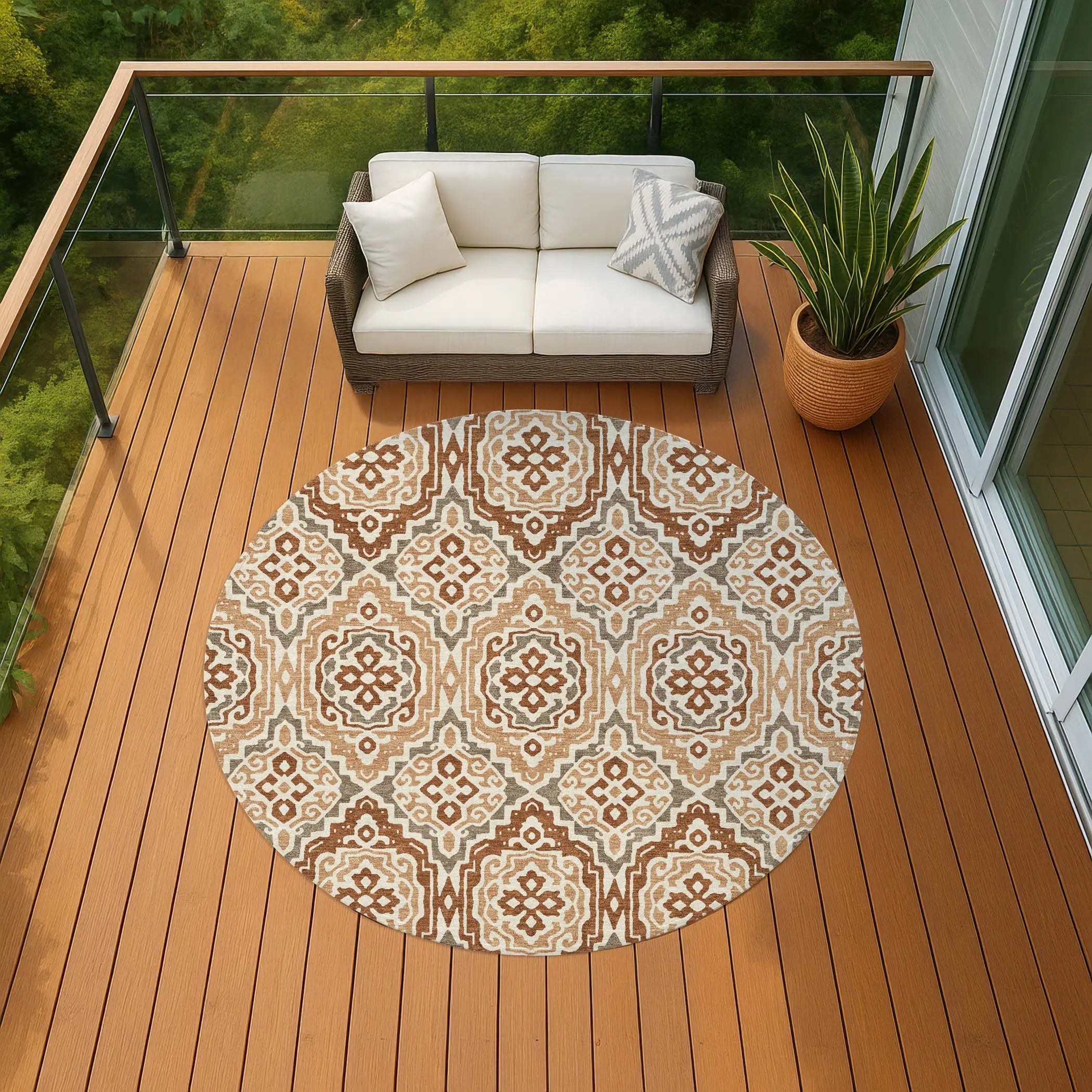 8' Orange And Gray Round Tribal Washable Indoor Outdoor Area Rug Homeroots Outdoor