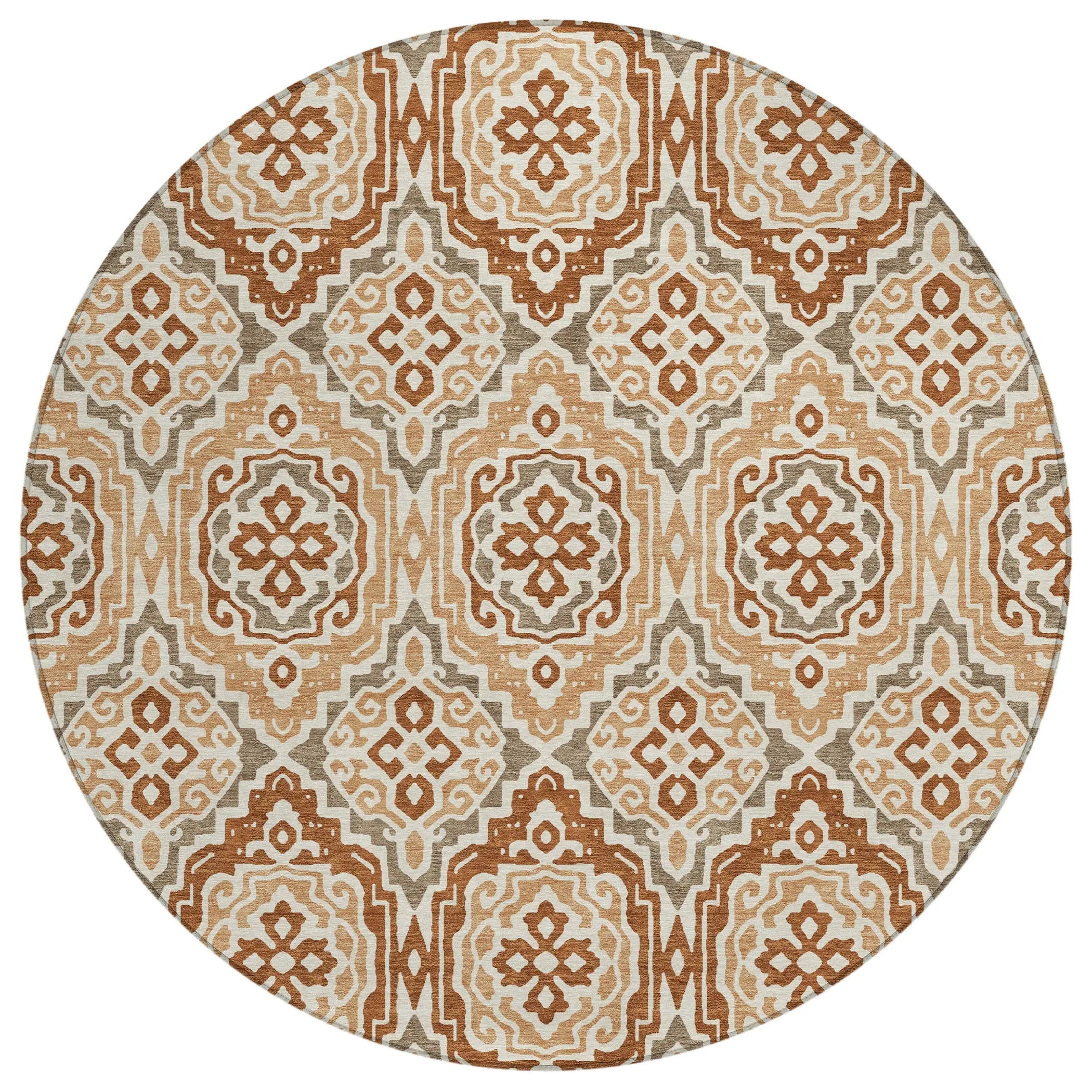 8' Orange And Gray Round Tribal Washable Indoor Outdoor Area Rug Homeroots Outdoor