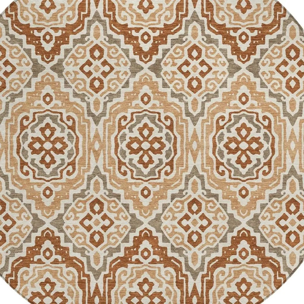 8' Orange And Gray Round Tribal Washable Indoor Outdoor Area Rug Homeroots Outdoor