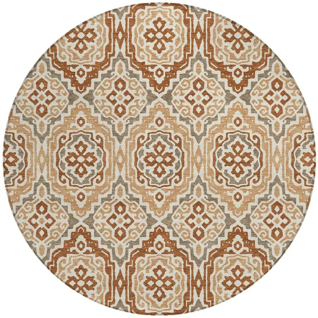 8' Orange And Gray Round Tribal Washable Indoor Outdoor Area Rug Homeroots Outdoor