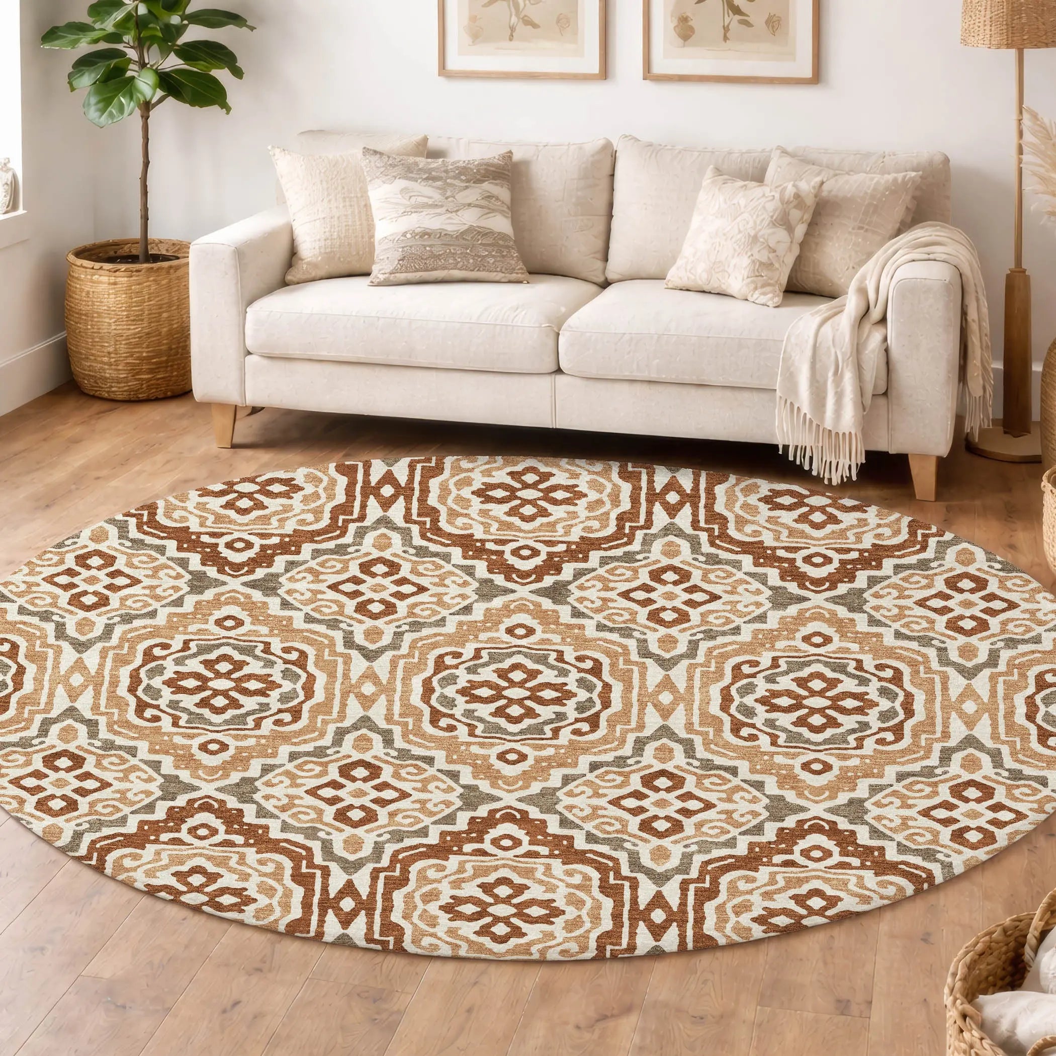 8' Orange And Gray Round Tribal Washable Indoor Outdoor Area Rug Homeroots Outdoor