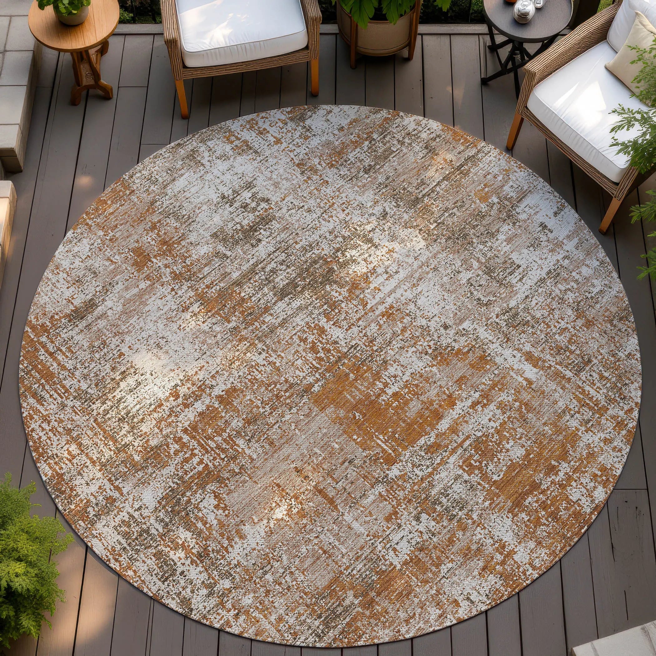 8' Orange And Green Round Abstract Washable Indoor Outdoor Area Rug Homeroots Outdoor