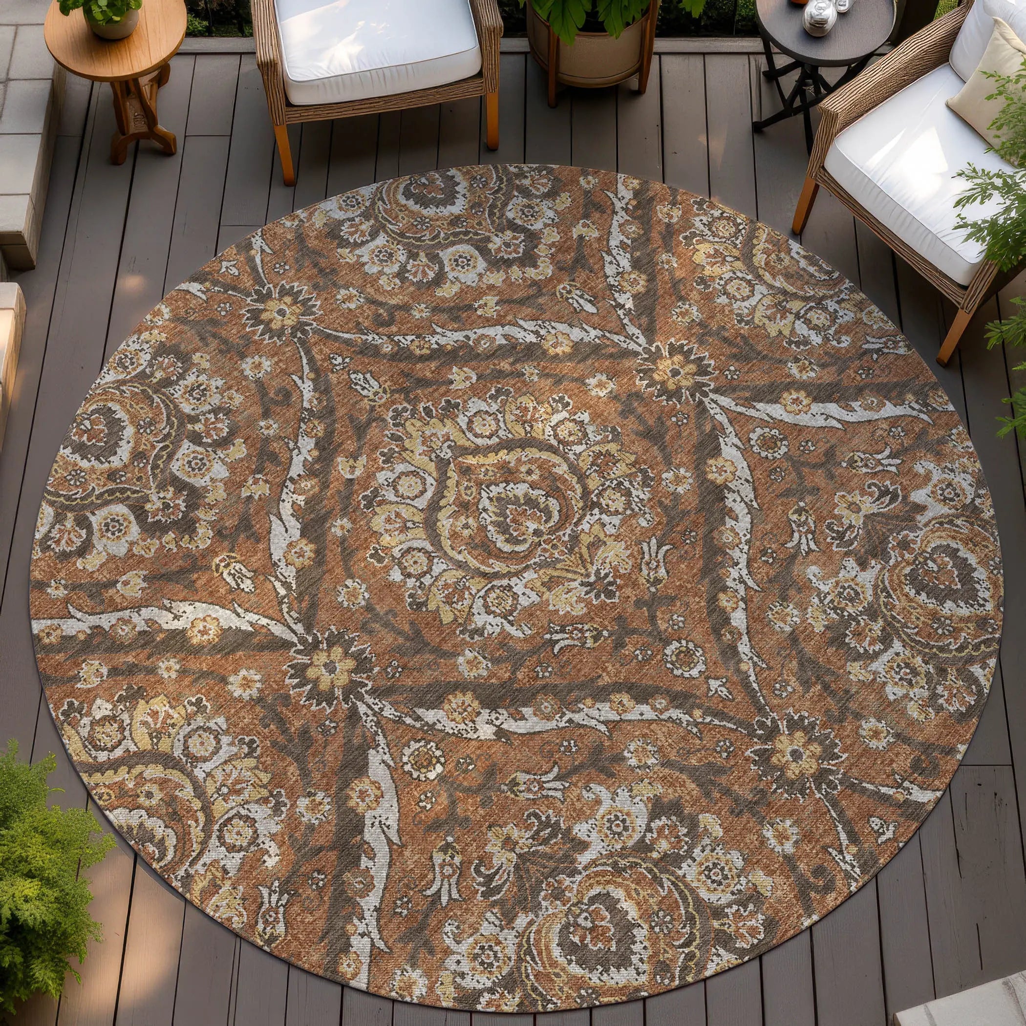8' Orange And Green Round Floral Washable Indoor Outdoor Area Rug Homeroots Outdoor
