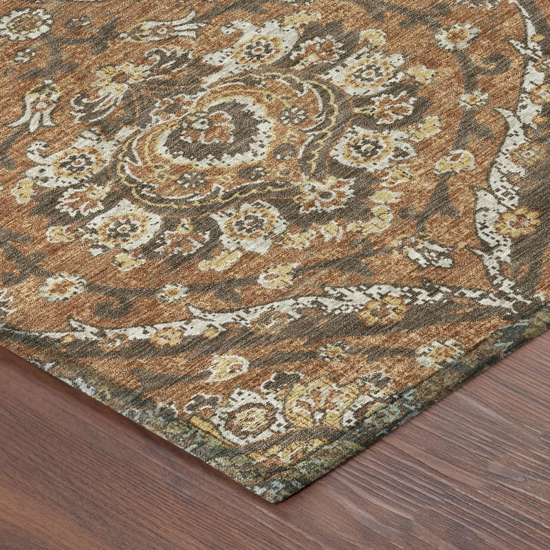 8' Orange And Green Round Floral Washable Indoor Outdoor Area Rug Homeroots Outdoor