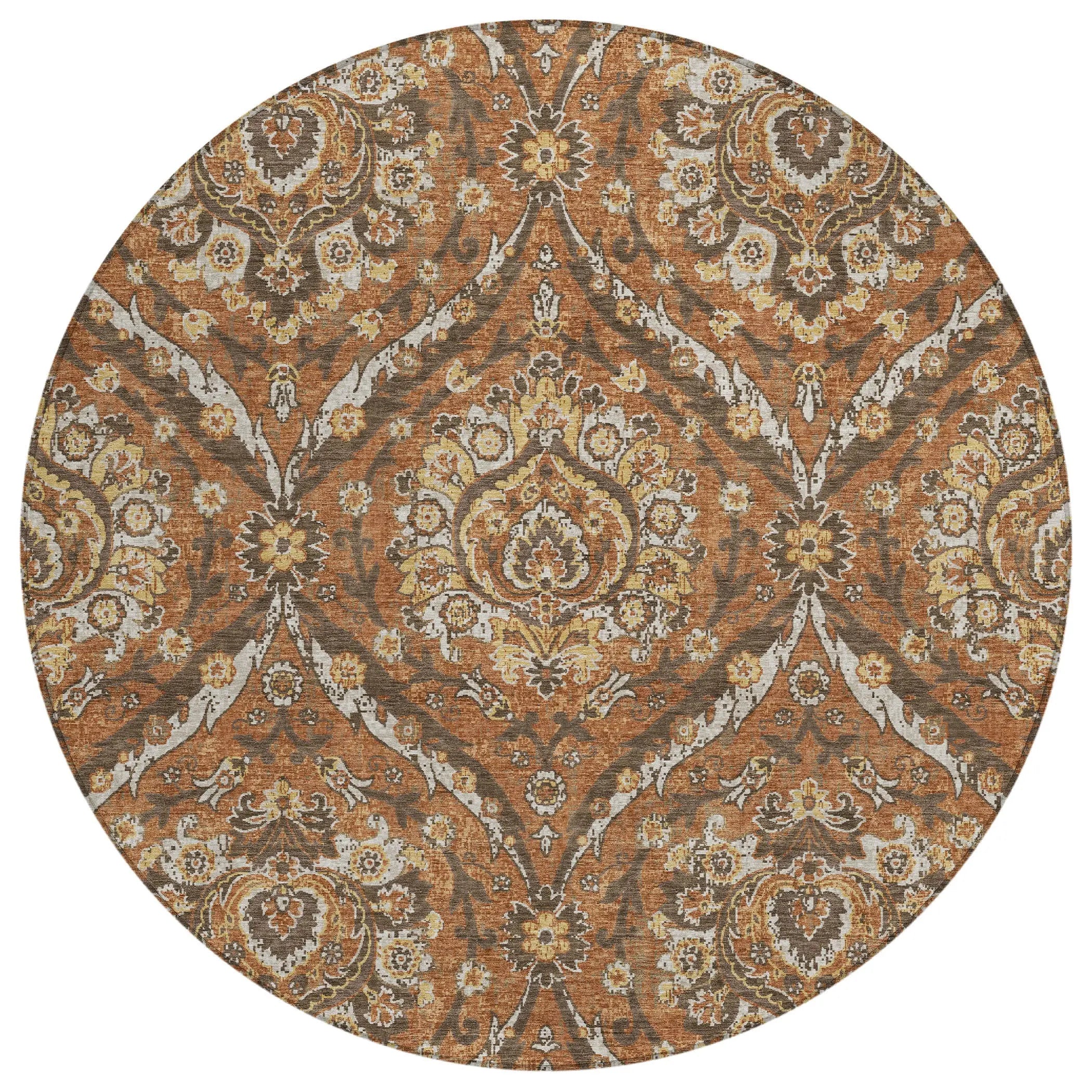 8' Orange And Green Round Floral Washable Indoor Outdoor Area Rug Homeroots Outdoor