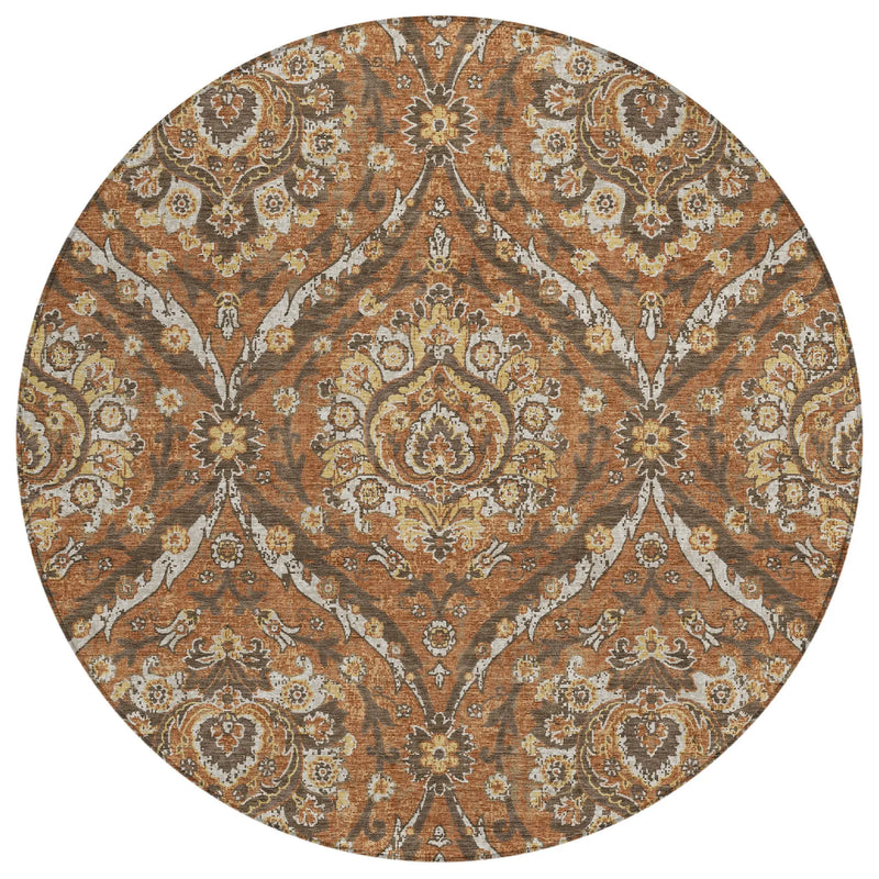 8' Orange And Green Round Floral Washable Indoor Outdoor Area Rug Homeroots Outdoor