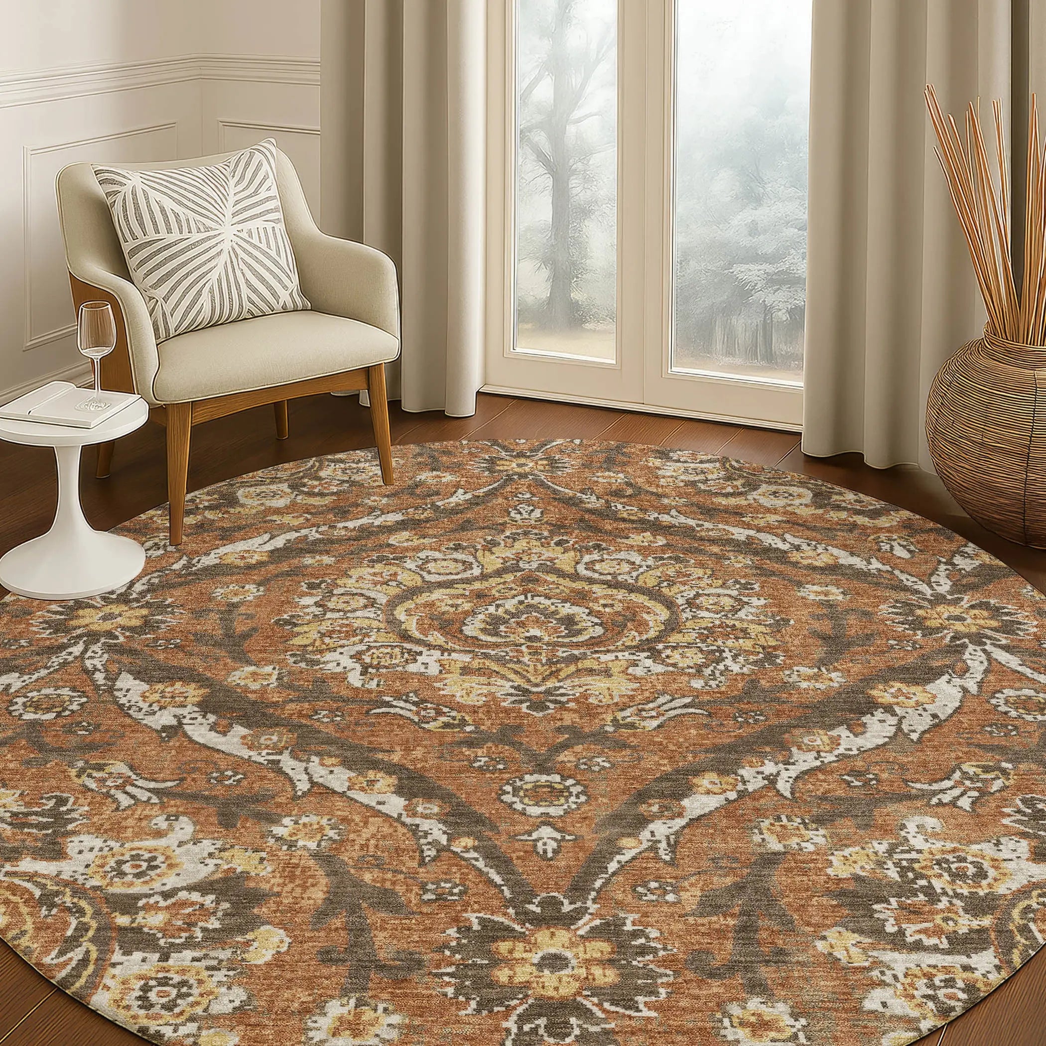 8' Orange And Green Round Floral Washable Indoor Outdoor Area Rug Homeroots Outdoor