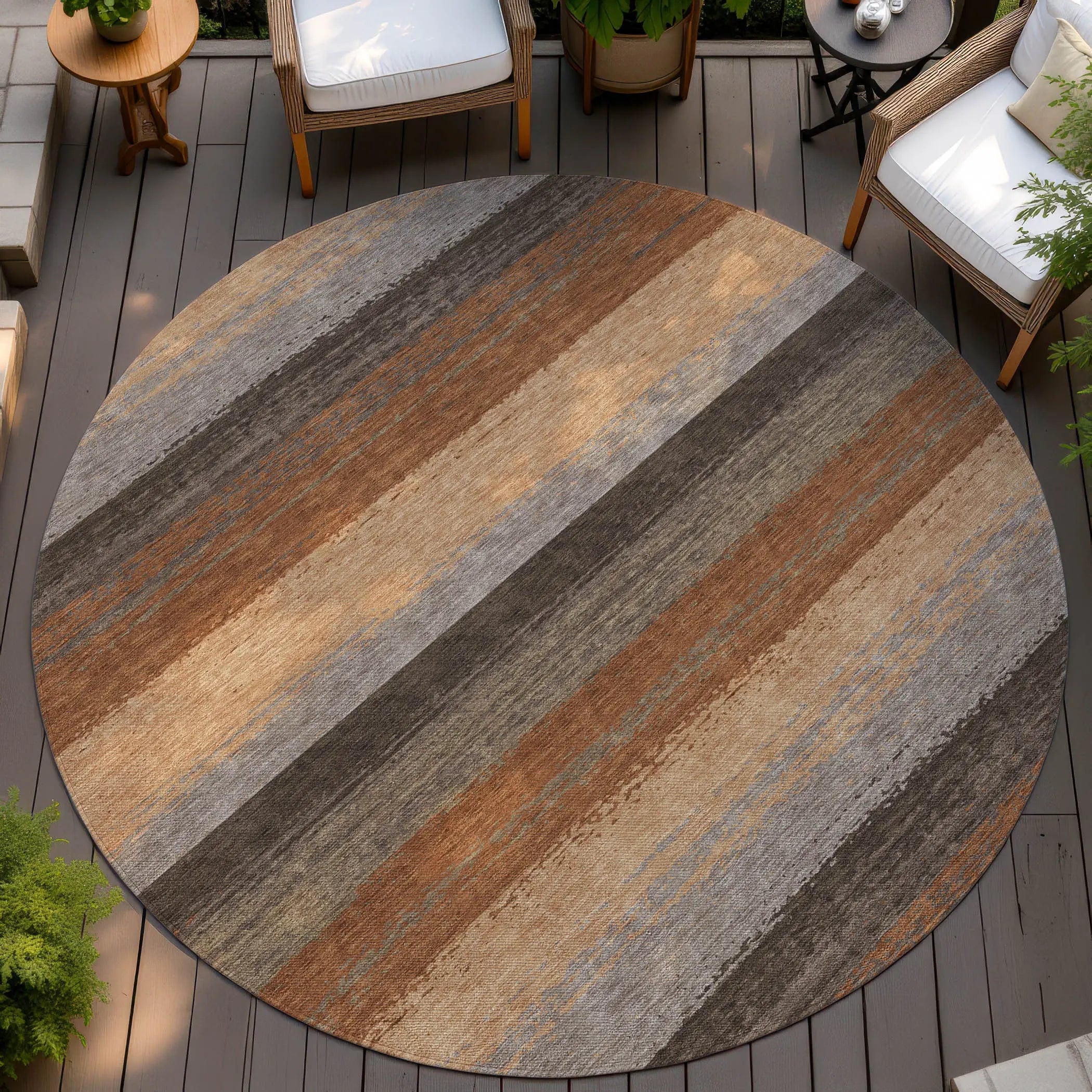 8' Orange And Green Round Striped Washable Indoor Outdoor Area Rug Homeroots Outdoor