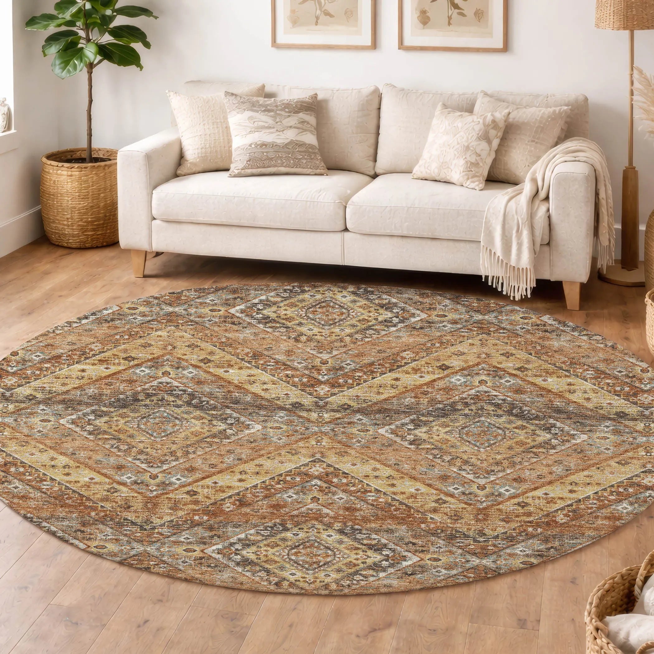 8' Orange And Green Round Tribal Washable Indoor Outdoor Area Rug Homeroots Outdoor