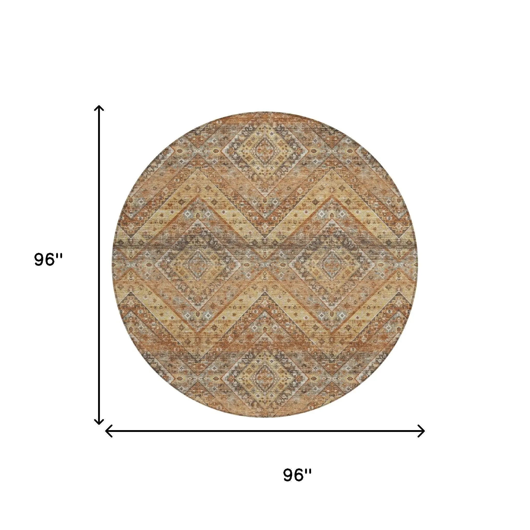 8' Orange And Green Round Tribal Washable Indoor Outdoor Area Rug Homeroots Outdoor