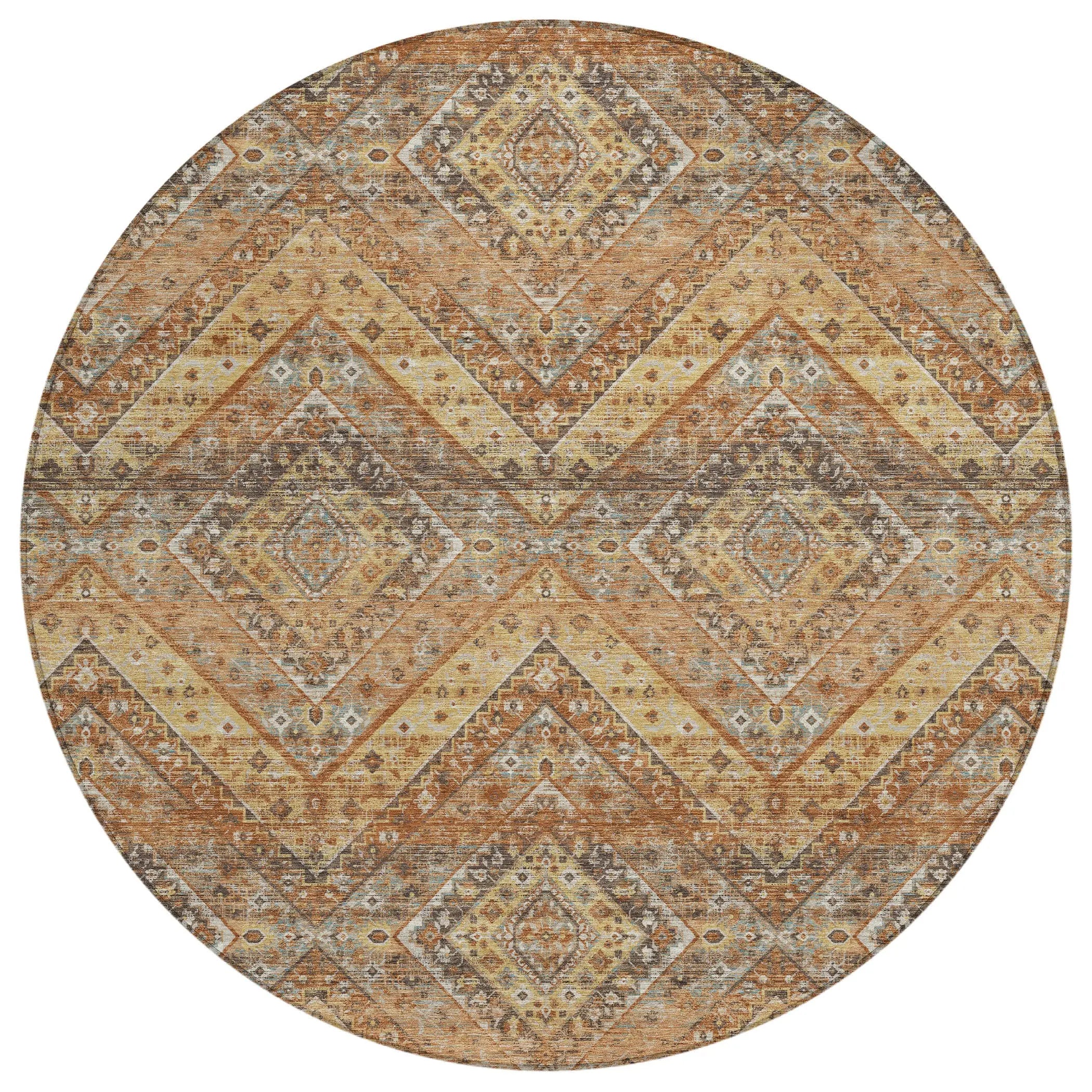 8' Orange And Green Round Tribal Washable Indoor Outdoor Area Rug Homeroots Outdoor