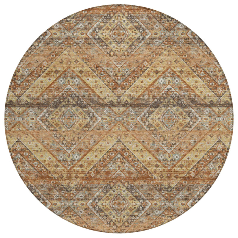 8' Orange And Green Round Tribal Washable Indoor Outdoor Area Rug Homeroots Outdoor