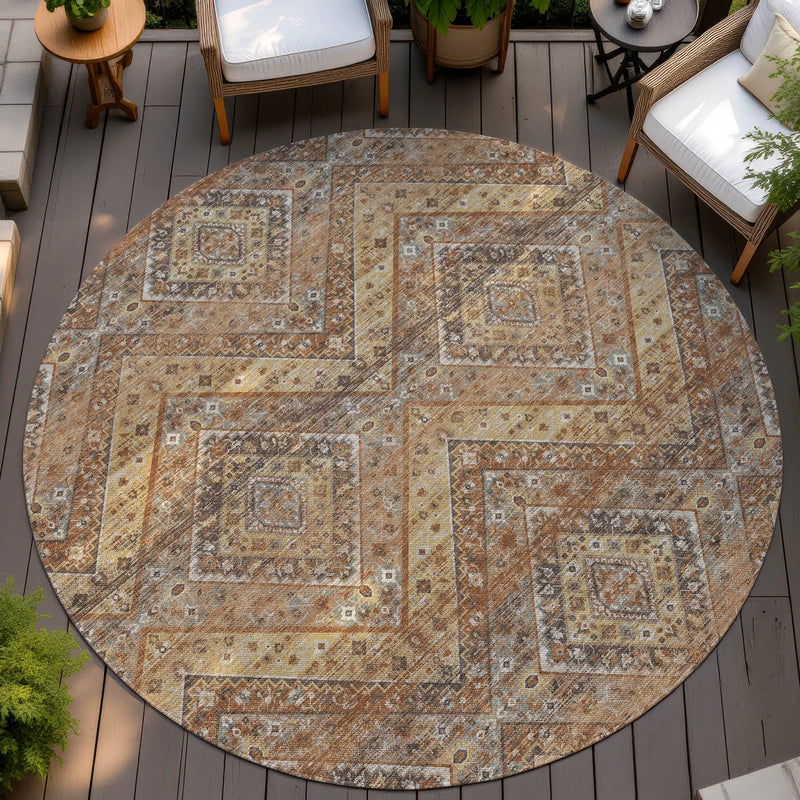 8' Orange And Green Round Tribal Washable Indoor Outdoor Area Rug Homeroots Outdoor