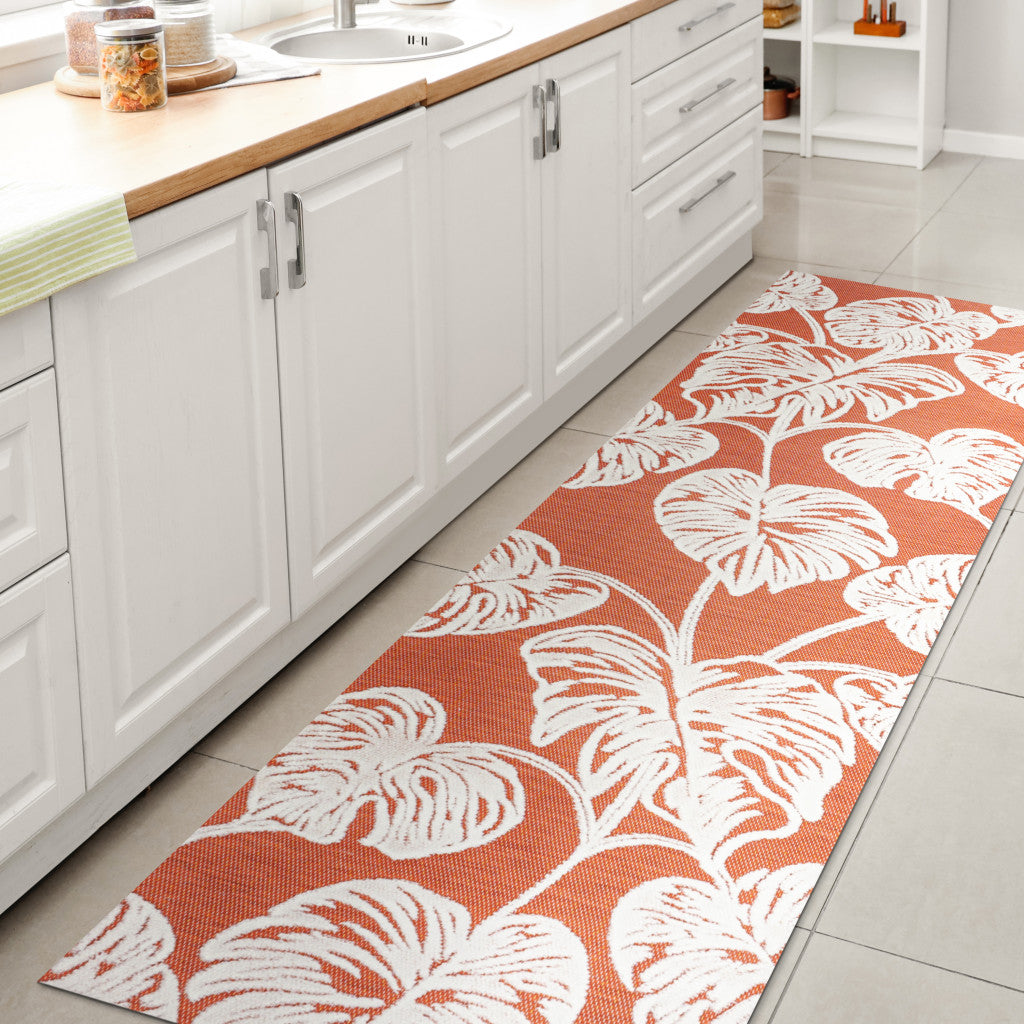 8' Orange And Ivory Floral Indoor Outdoor Runner Rug - GreatEagleInc