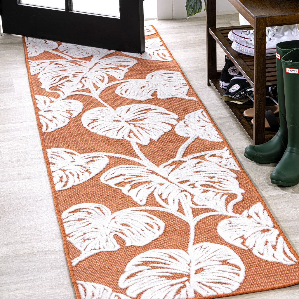 8' Orange And Ivory Floral Indoor Outdoor Runner Rug - GreatEagleInc