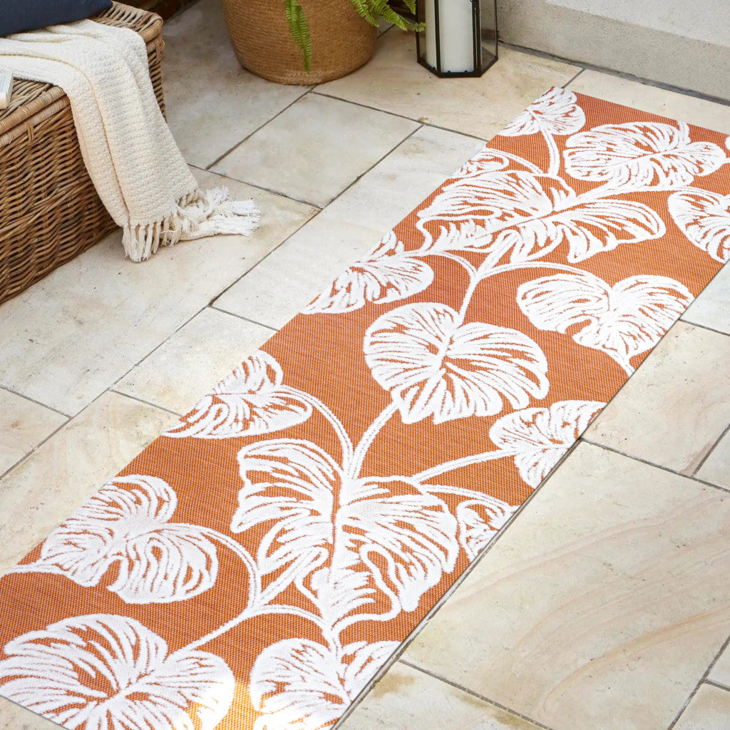 8' Orange And Ivory Floral Indoor Outdoor Runner Rug - GreatEagleInc