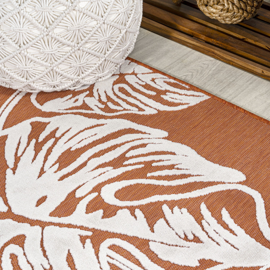 8' Orange And Ivory Floral Indoor Outdoor Runner Rug - GreatEagleInc