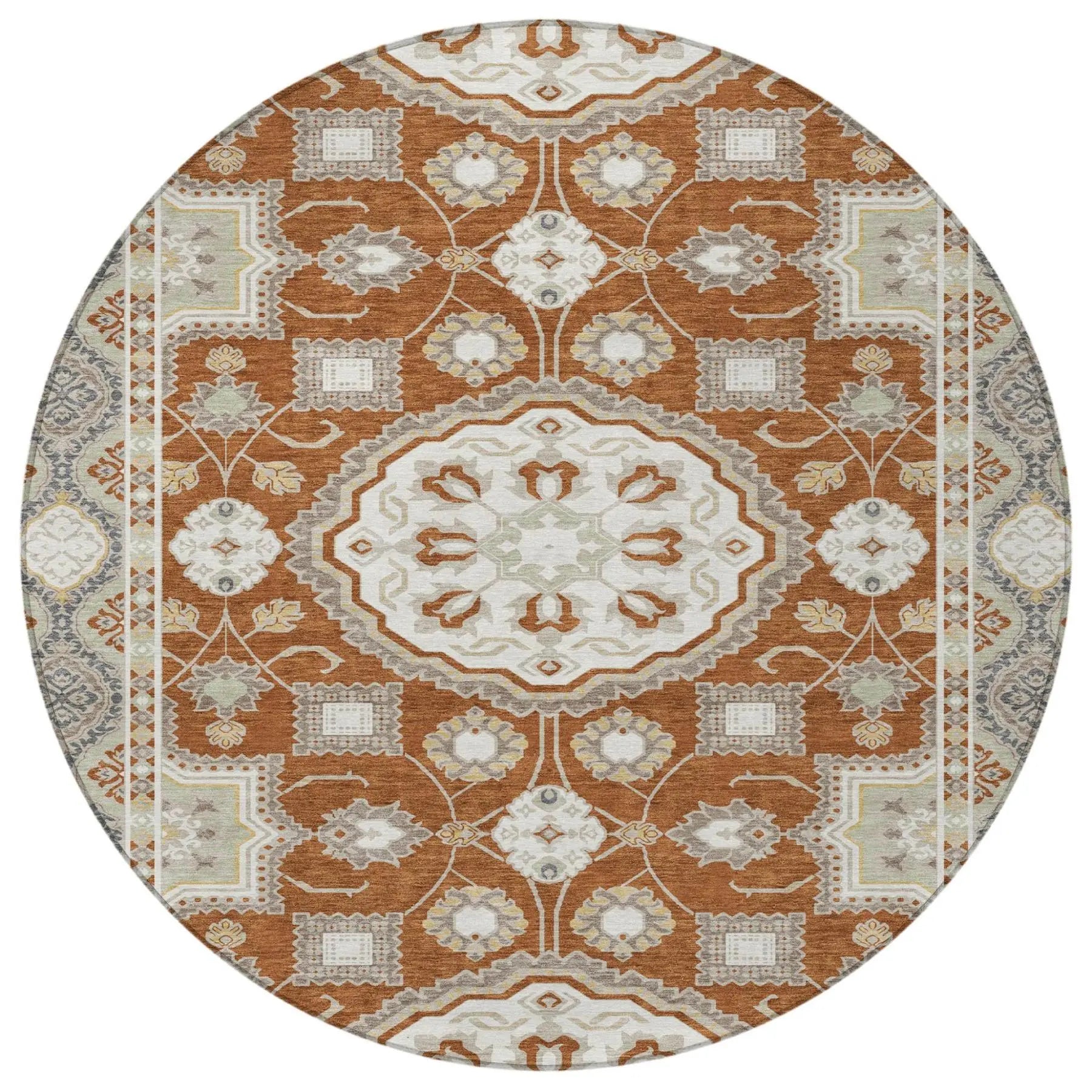 8' Orange And Ivory Round Floral Medallion Washable Indoor Outdoor Area Rug Homeroots Outdoor