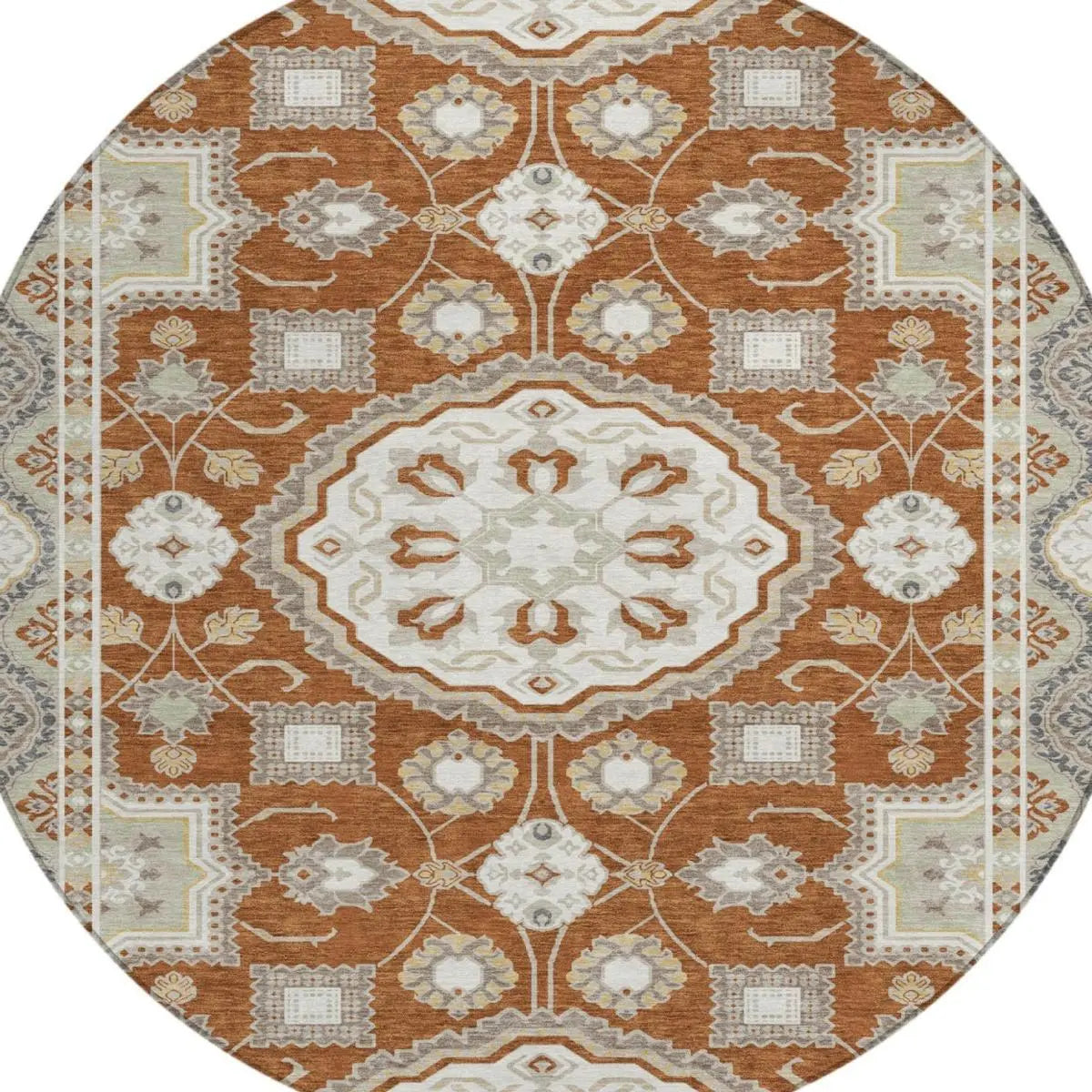 8' Orange And Ivory Round Floral Medallion Washable Indoor Outdoor Area Rug Homeroots Outdoor