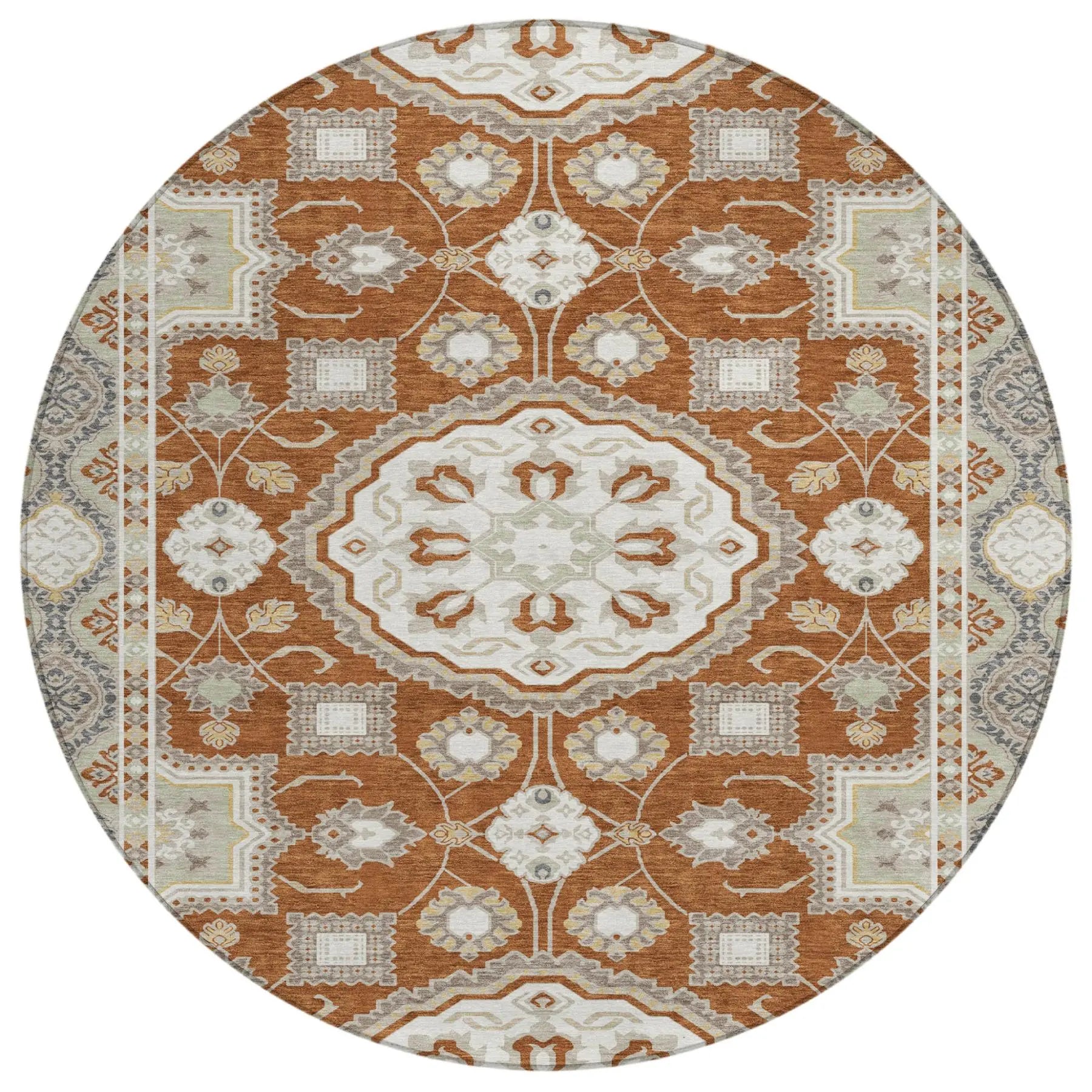 8' Orange And Ivory Round Floral Medallion Washable Indoor Outdoor Area Rug Homeroots Outdoor