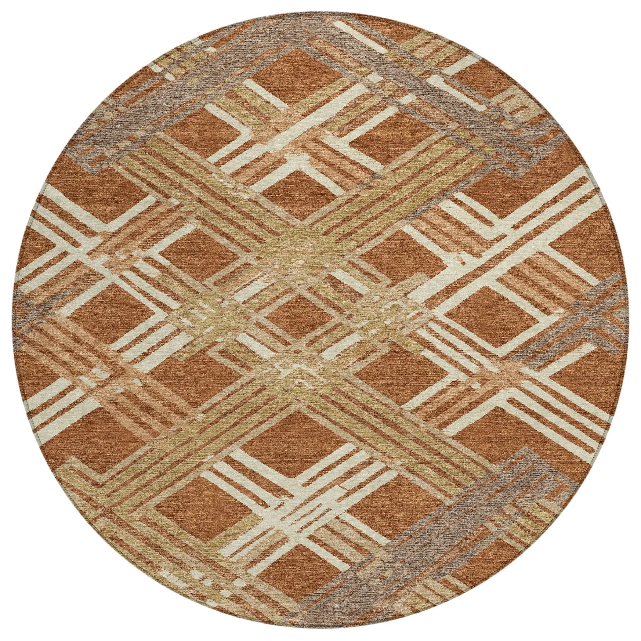 8' Orange And Ivory Round Geometric Washable Indoor Outdoor Area Rug Homeroots Outdoor