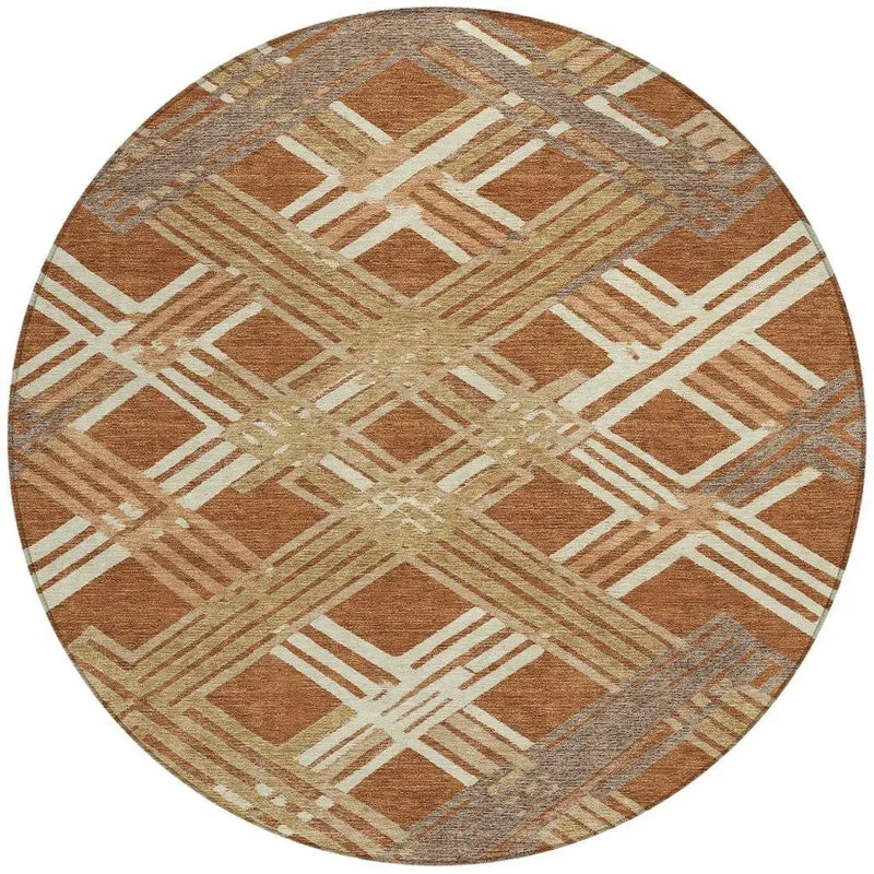 8' Orange And Ivory Round Geometric Washable Indoor Outdoor Area Rug Homeroots Outdoor
