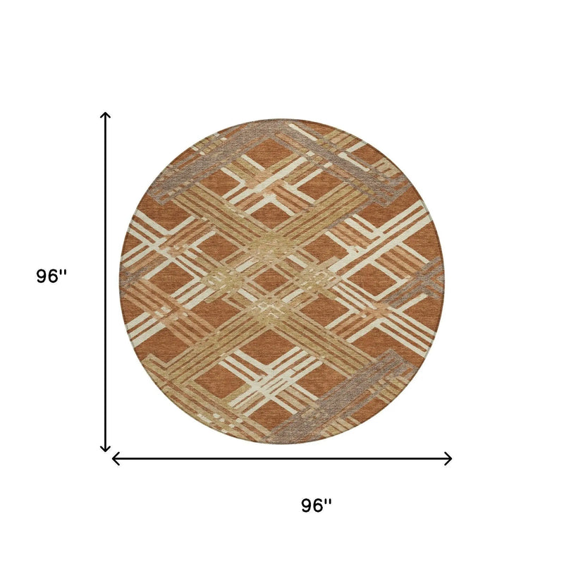 8' Orange And Ivory Round Geometric Washable Indoor Outdoor Area Rug Homeroots Outdoor