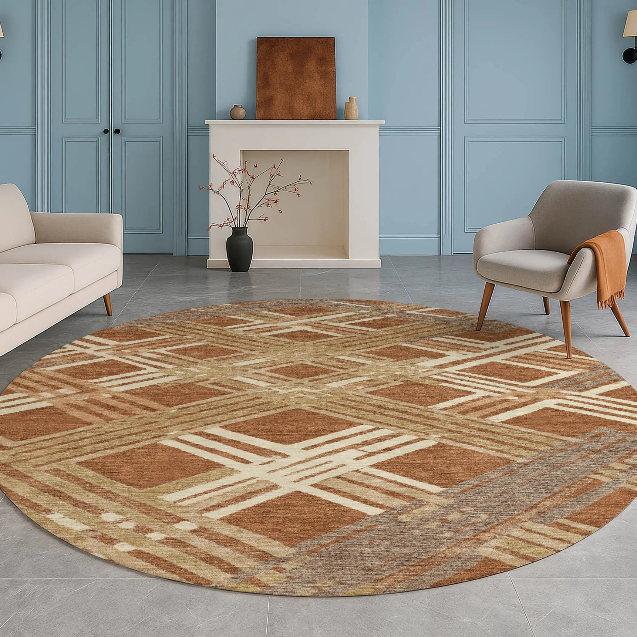 8' Orange And Ivory Round Geometric Washable Indoor Outdoor Area Rug Homeroots Outdoor