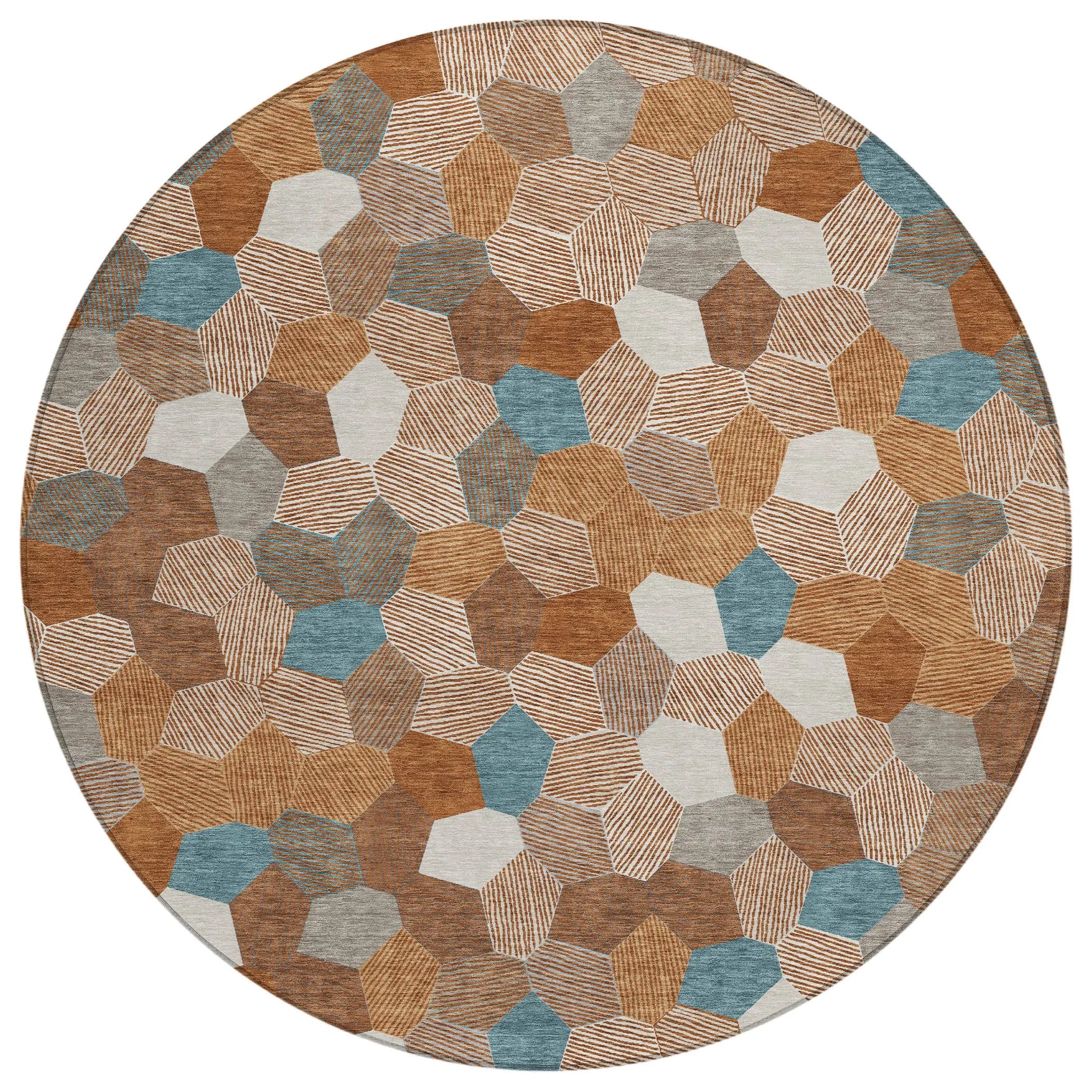8' Orange And Ivory Round Geometric Washable Indoor Outdoor Area Rug Homeroots Outdoor