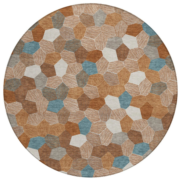 8' Orange And Ivory Round Geometric Washable Indoor Outdoor Area Rug Homeroots Outdoor