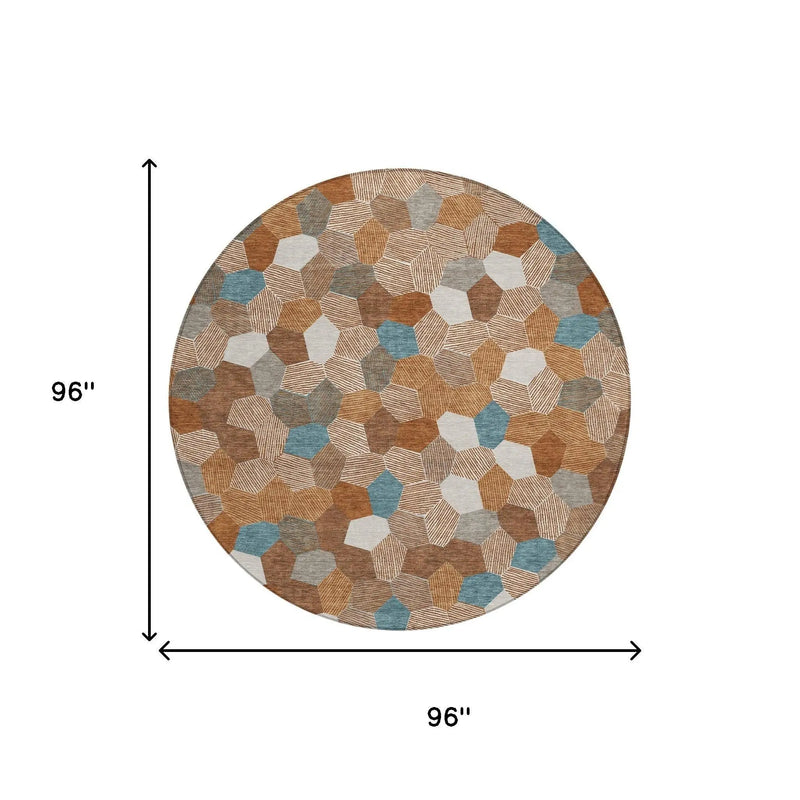 8' Orange And Ivory Round Geometric Washable Indoor Outdoor Area Rug Homeroots Outdoor