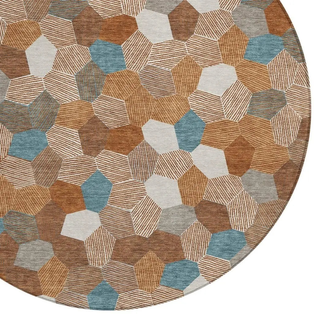 8' Orange And Ivory Round Geometric Washable Indoor Outdoor Area Rug Homeroots Outdoor