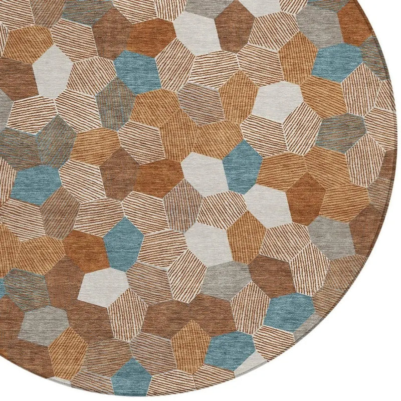 8' Orange And Ivory Round Geometric Washable Indoor Outdoor Area Rug Homeroots Outdoor