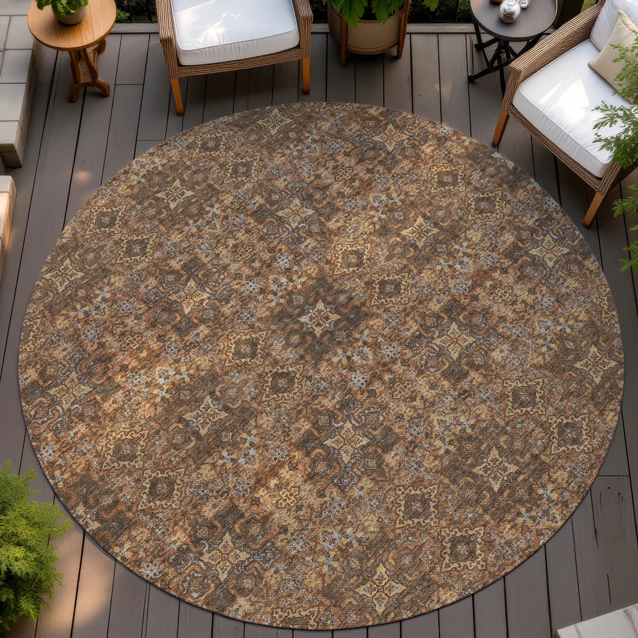 8' Orange And Linen Round Oriental Washable Indoor Outdoor Area Rug Homeroots Outdoor