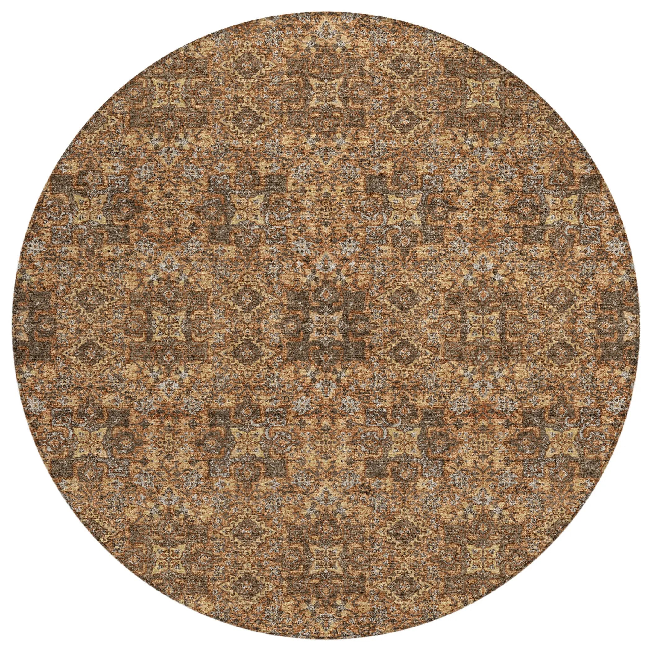 8' Orange And Linen Round Oriental Washable Indoor Outdoor Area Rug Homeroots Outdoor