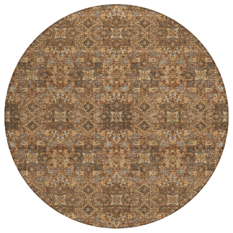 8' Orange And Linen Round Oriental Washable Indoor Outdoor Area Rug Homeroots Outdoor